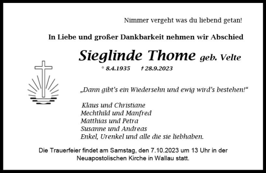 Traueranzeige von Sieglinde Thome von Hinterländer Anzeiger