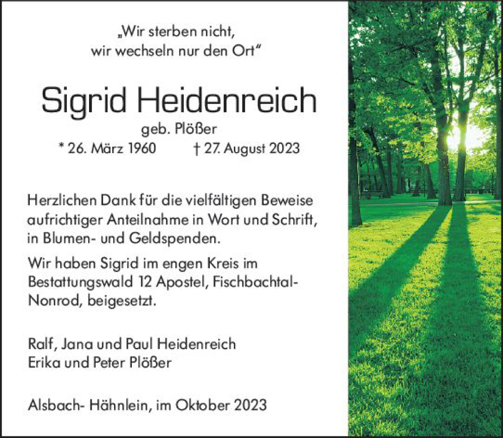  Traueranzeige für Sigrid Heidenreich vom 07.10.2023 aus Darmstädter Echo