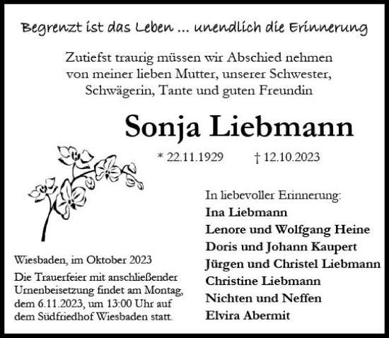 Traueranzeige von Sonja Liebmann von Wiesbadener Kurier