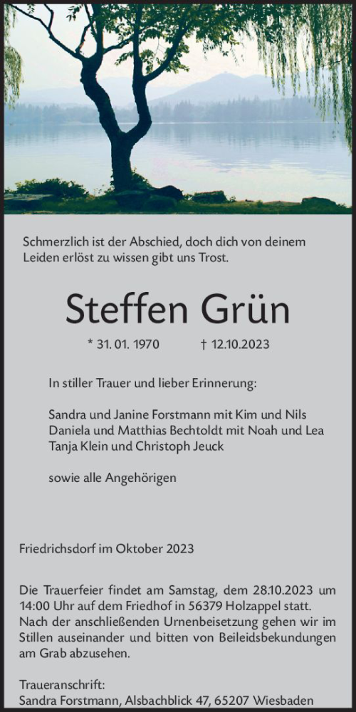  Traueranzeige für Steffen Grün vom 18.10.2023 aus Weilburger Tageblatt