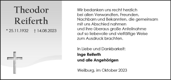 Traueranzeige von Theodor Reiferth von Weilburger Tageblatt