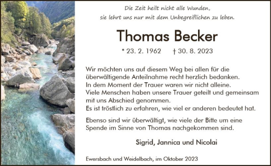Traueranzeige von Thomas Becker von Dill Block