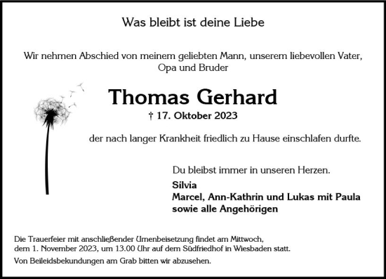 Traueranzeige von Thomas Gerhard von Wiesbadener Kurier