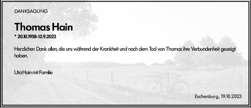  Traueranzeige für Thomas Hain vom 21.10.2023 aus Dill Block