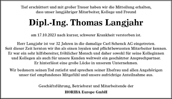 Traueranzeige von Thomas Langjahr von Darmstädter Echo