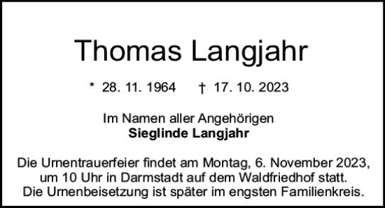 Traueranzeige von Thomas Langjahr von Darmstädter Echo