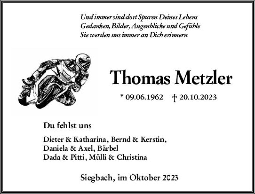  Traueranzeige für Thomas Metzler vom 28.10.2023 aus Dill Block