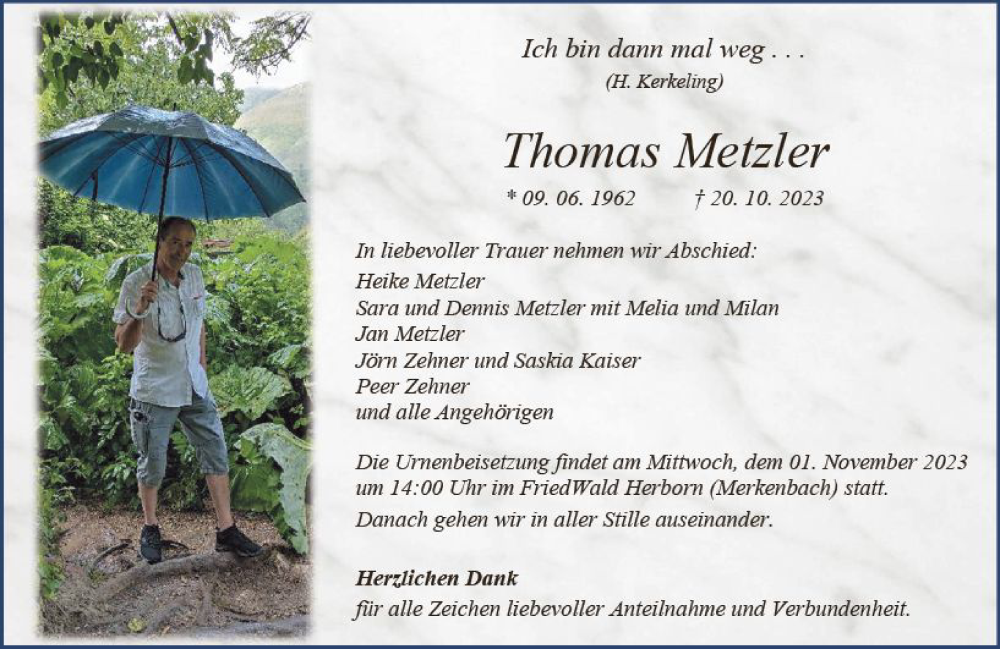 Traueranzeige für Thomas Metzler vom 28.10.2023 aus Dill Block