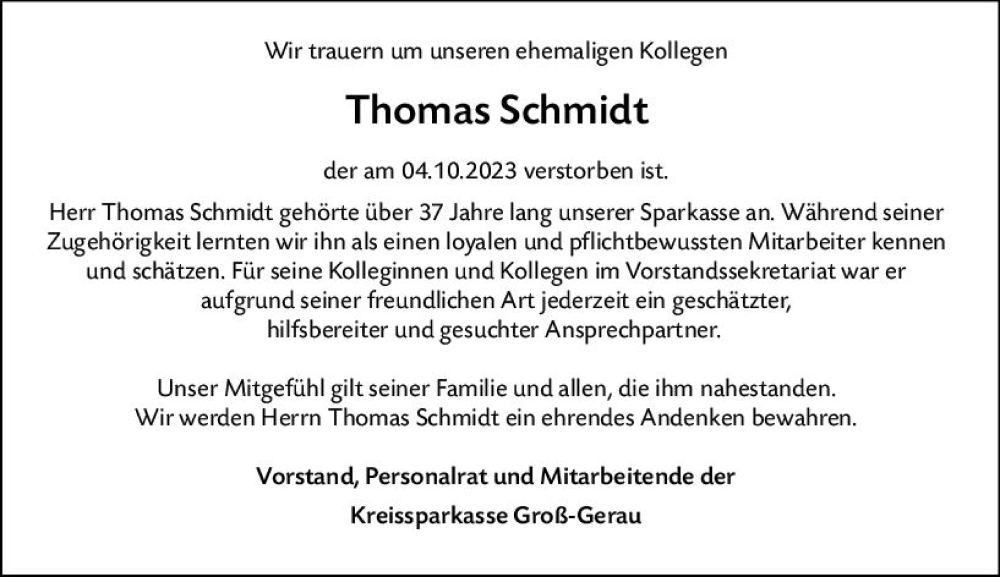  Traueranzeige für Thomas Schmidt vom 21.10.2023 aus Groß-Gerauer Echo