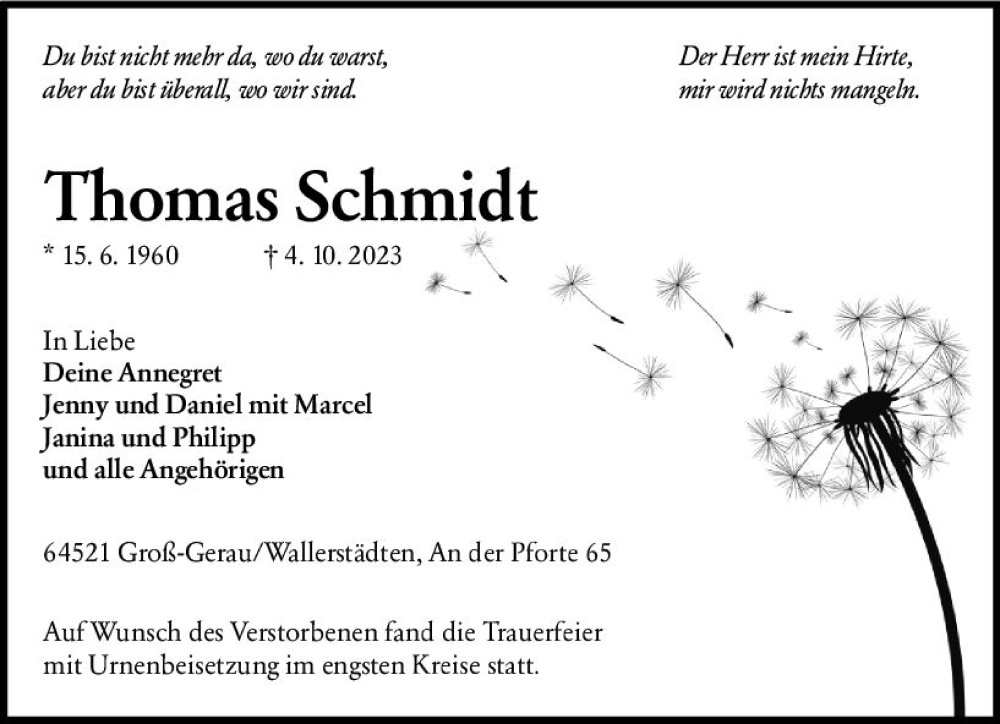  Traueranzeige für Thomas Schmidt vom 21.10.2023 aus Groß-Gerauer Echo