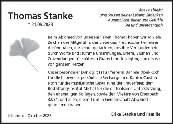 Traueranzeige von Thomas Stanke von Idsteiner Land/Untertaunus