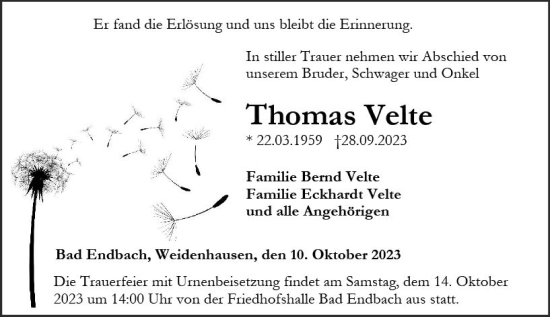 Traueranzeige von Thomas Velte von Hinterländer Anzeiger