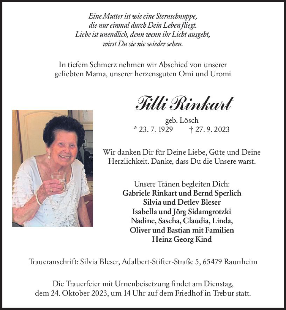  Traueranzeige für Tilli Rinkart vom 14.10.2023 aus Rüsselsheimer Echo