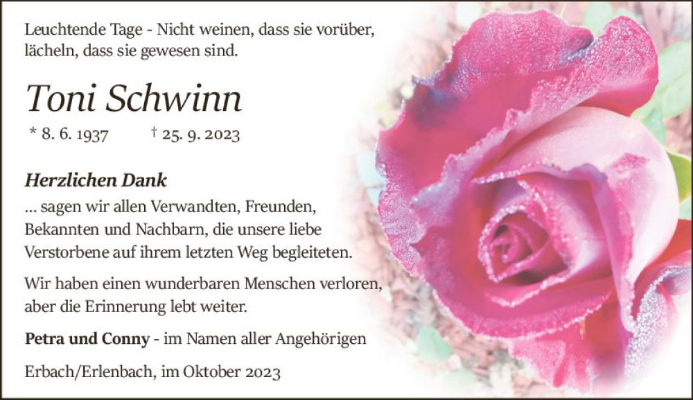  Traueranzeige für Toni Schwinn vom 28.10.2023 aus Odenwälder Echo