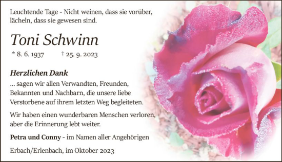 Traueranzeige von Toni Schwinn von Odenwälder Echo