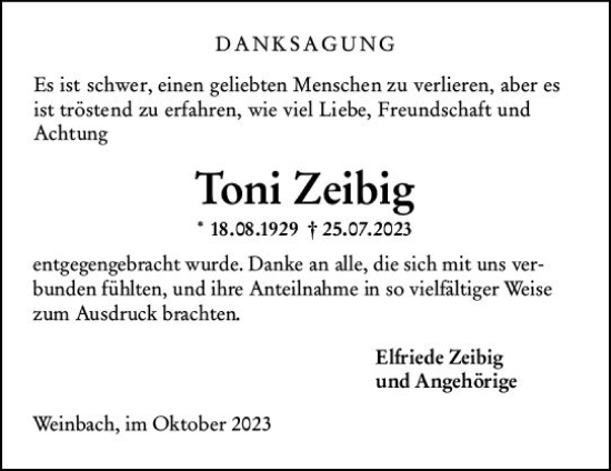 Traueranzeige von Toni Zeibig von Weilburger Tageblatt
