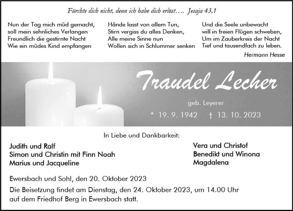  Traueranzeige für Traudel Lecher vom 20.10.2023 aus Dill Block
