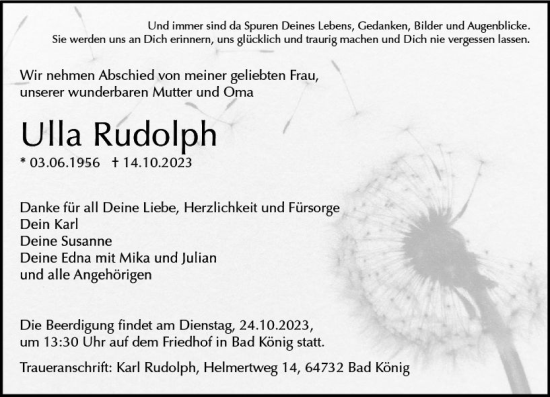 Traueranzeige von Ulla Rudolph von Odenwälder Echo