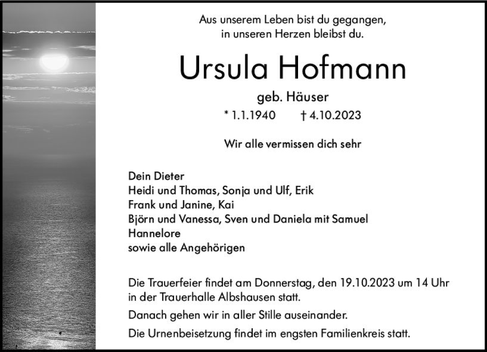  Traueranzeige für Ursula Hofmann vom 13.10.2023 aus Wetzlarer Neue Zeitung