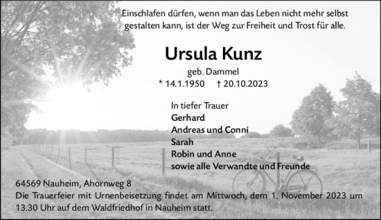 Traueranzeige von Ursula Kunz von Rüsselsheimer Echo