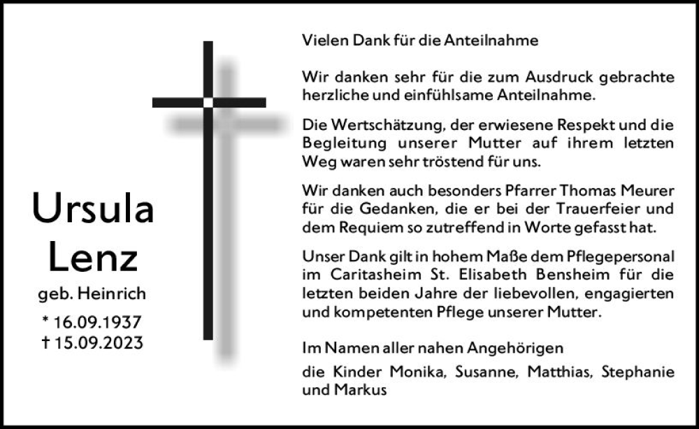  Traueranzeige für Ursula Lenz vom 14.10.2023 aus Bergsträßer Anzeiger