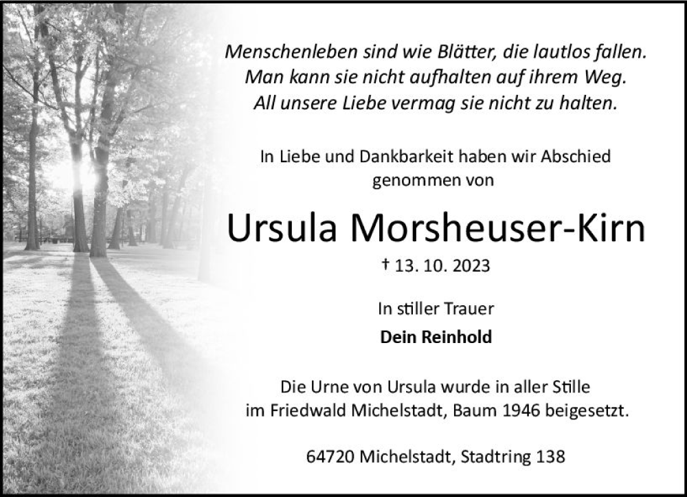  Traueranzeige für Ursula Morsheuser­Kirn vom 28.10.2023 aus Odenwälder Echo