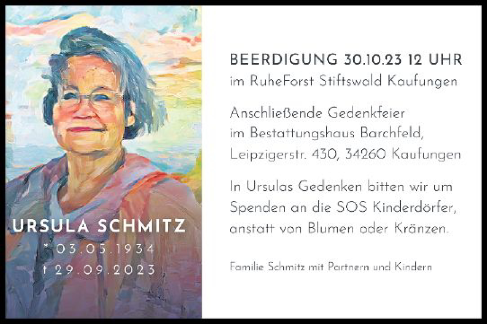  Traueranzeige für Ursula Schmitz vom 27.10.2023 aus Hinterländer Anzeiger