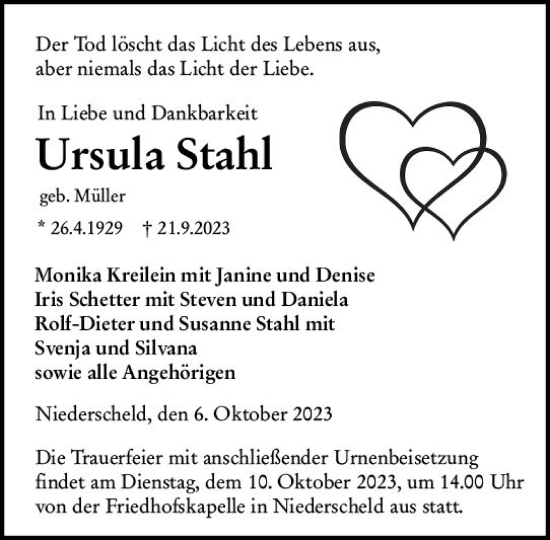 Traueranzeige von Ursula Stahl von Dill Block