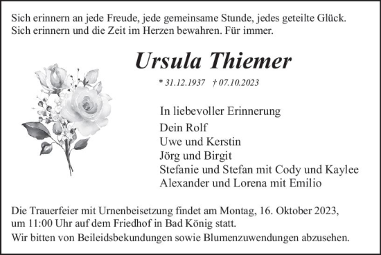 Traueranzeige von Ursula Thiemer von Odenwälder Echo