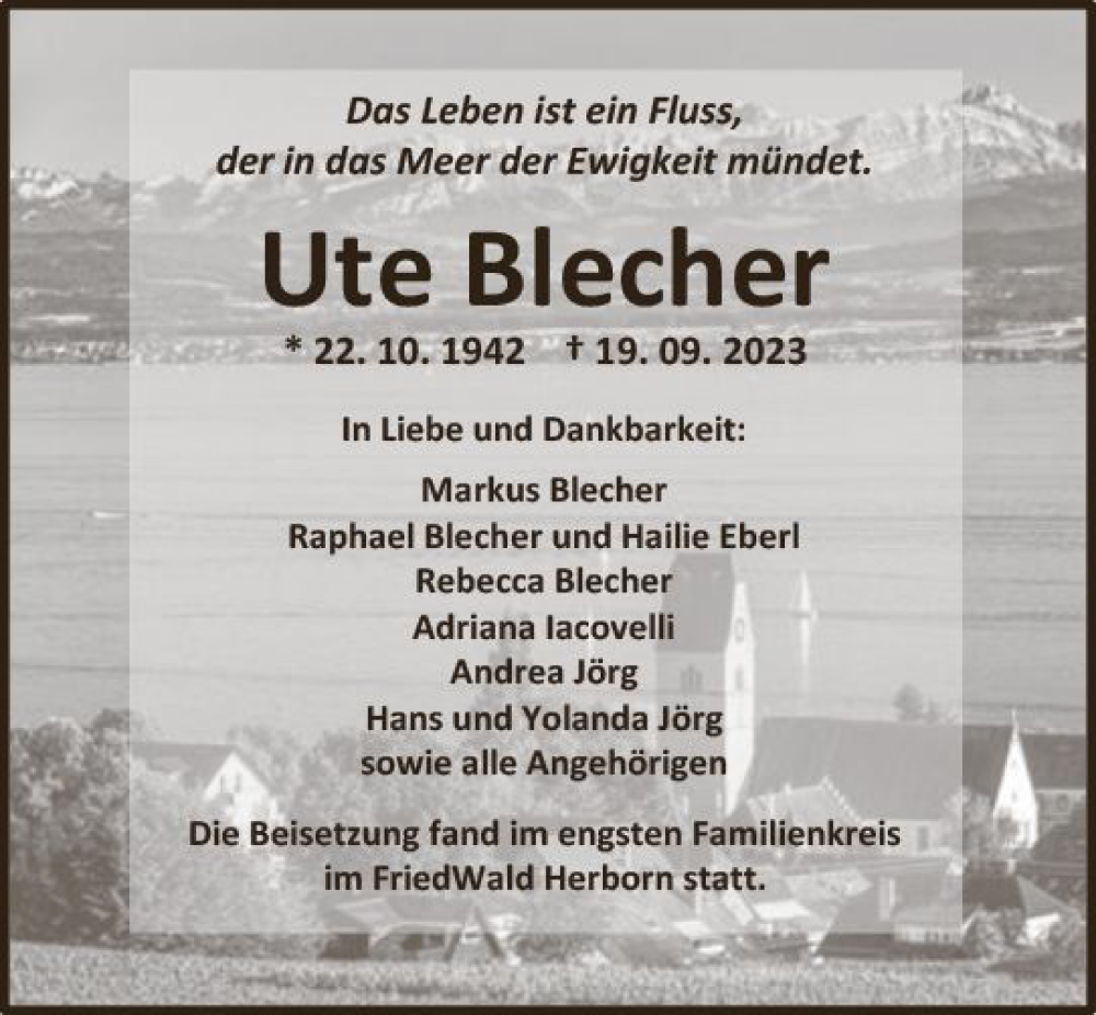  Traueranzeige für Ute Blecher vom 10.10.2023 aus Dill Block