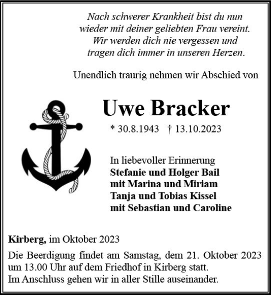 Traueranzeige von Uwe Bracker von Nassauische Neue Presse
