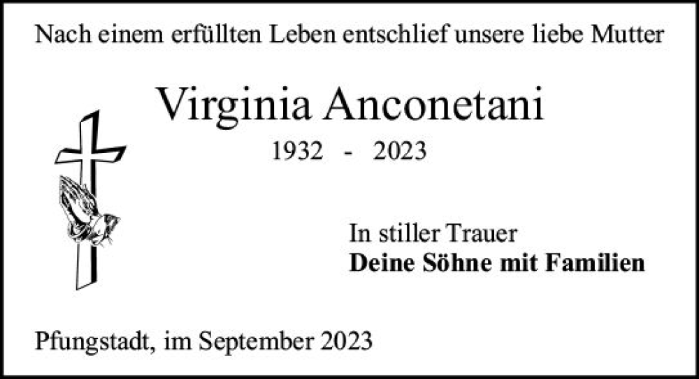  Traueranzeige für Virginia Anconetani vom 07.10.2023 aus Darmstädter Echo