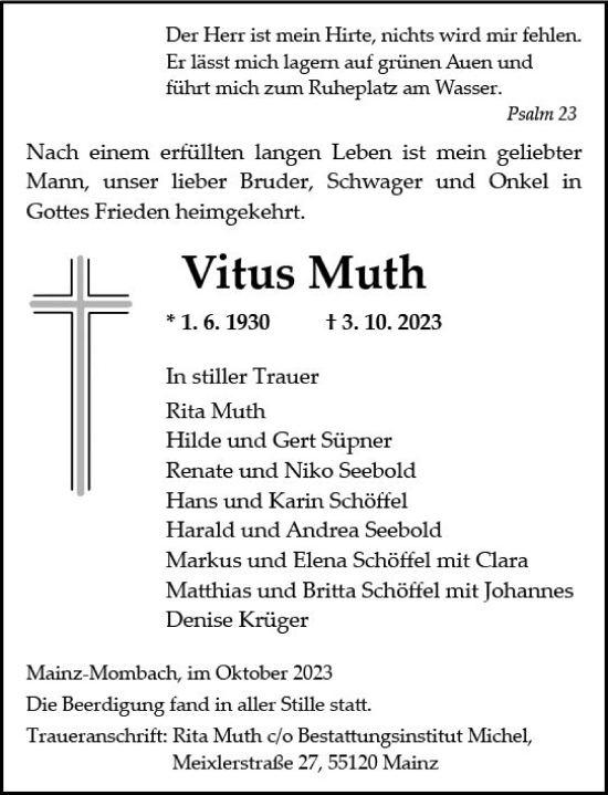 Traueranzeige von Vitus Muth von Allgemeine Zeitung Mainz