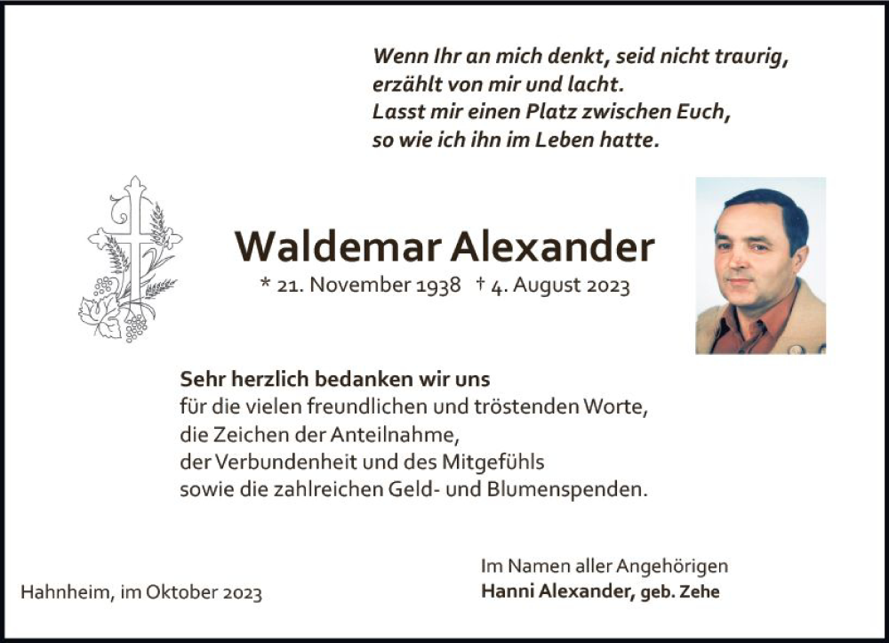  Traueranzeige für Waldemar Alexander vom 07.10.2023 aus Allgemeine Zeitung Mainz