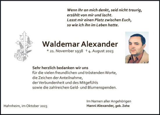 Traueranzeige von Waldemar Alexander von Allgemeine Zeitung Mainz
