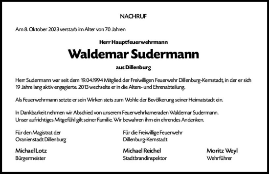 Traueranzeige von Waldemar Sudermann von Dill Block