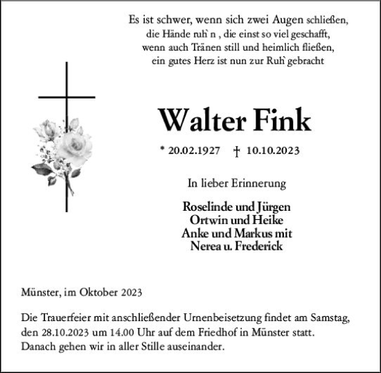 Traueranzeige von Walter Fink von Camberger Anzeiger