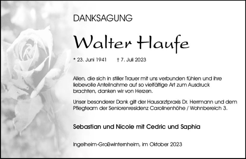  Traueranzeige für Walter Haufe vom 07.10.2023 aus Allgemeine Zeitung Bingen/Ingelheim