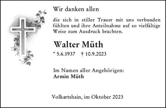 Traueranzeige von Walter Müth von Oberhessen Kurier