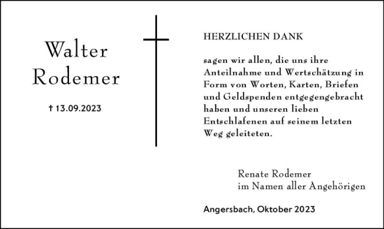 Traueranzeige von Walter Rodemer von Oberhessen Kurier