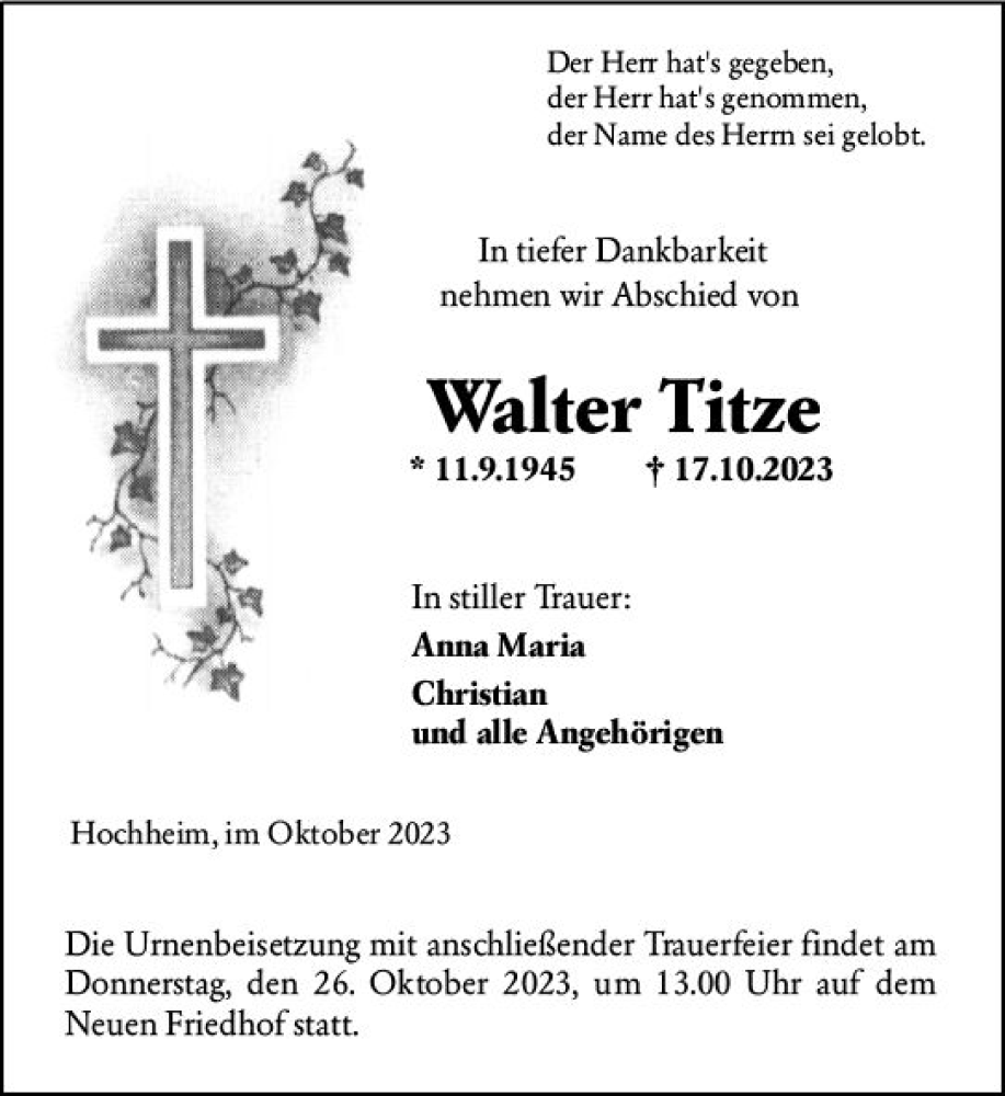 Traueranzeige für Walter Titze vom 20.10.2023 aus Hochheimer Zeitung