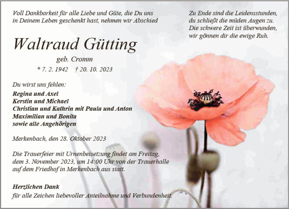  Traueranzeige für Waltraud Gütting vom 28.10.2023 aus Dill Block