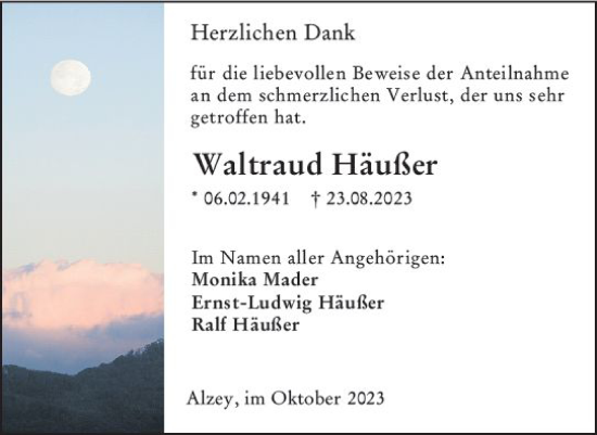 Traueranzeige von Waltraud Häußer von Allgemeine Zeitung Alzey