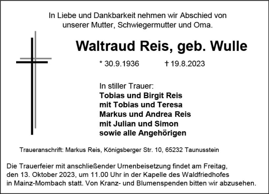 Traueranzeige von Waltraud Reis von Allgemeine Zeitung Mainz