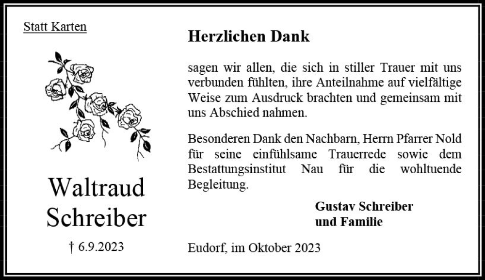  Traueranzeige für Waltraud Schreiber vom 14.10.2023 aus Oberhessen Kurier