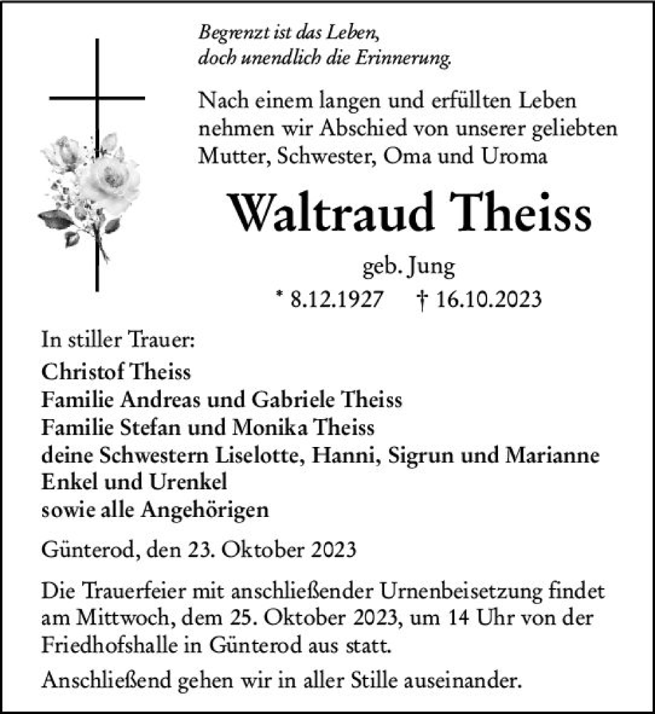  Traueranzeige für Waltraud Theiss vom 23.10.2023 aus Hinterländer Anzeiger