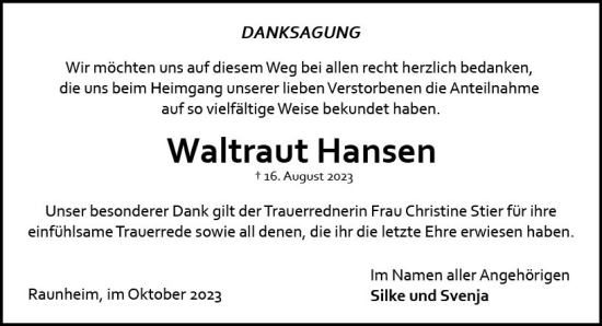Traueranzeige von Waltraut Hansen von Rüsselsheimer Echo