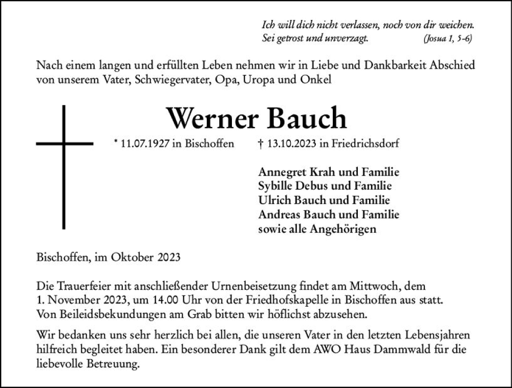  Traueranzeige für Werner Bauch vom 24.10.2023 aus Dill Block