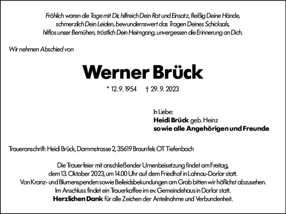  Traueranzeige für Werner Brück vom 10.10.2023 aus Wetzlarer Neue Zeitung