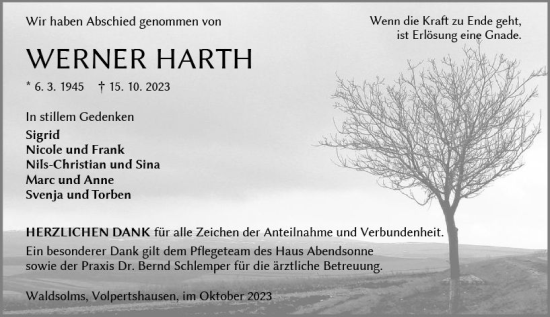 Traueranzeige von Werner Harth von Wetzlarer Neue Zeitung